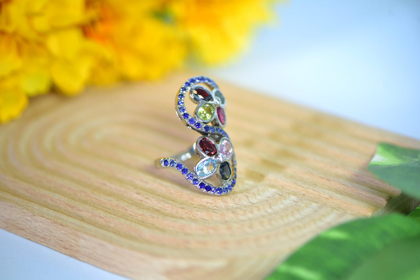 Flower Fancy Gemstone with Blue Sapphire Silver Ring