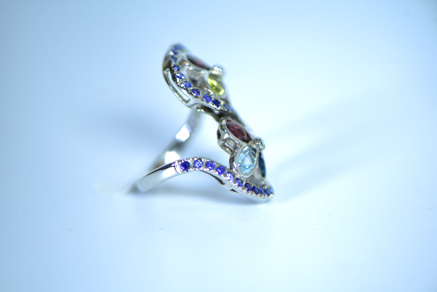 Flower Fancy Gemstone with Blue Sapphire Silver Ring