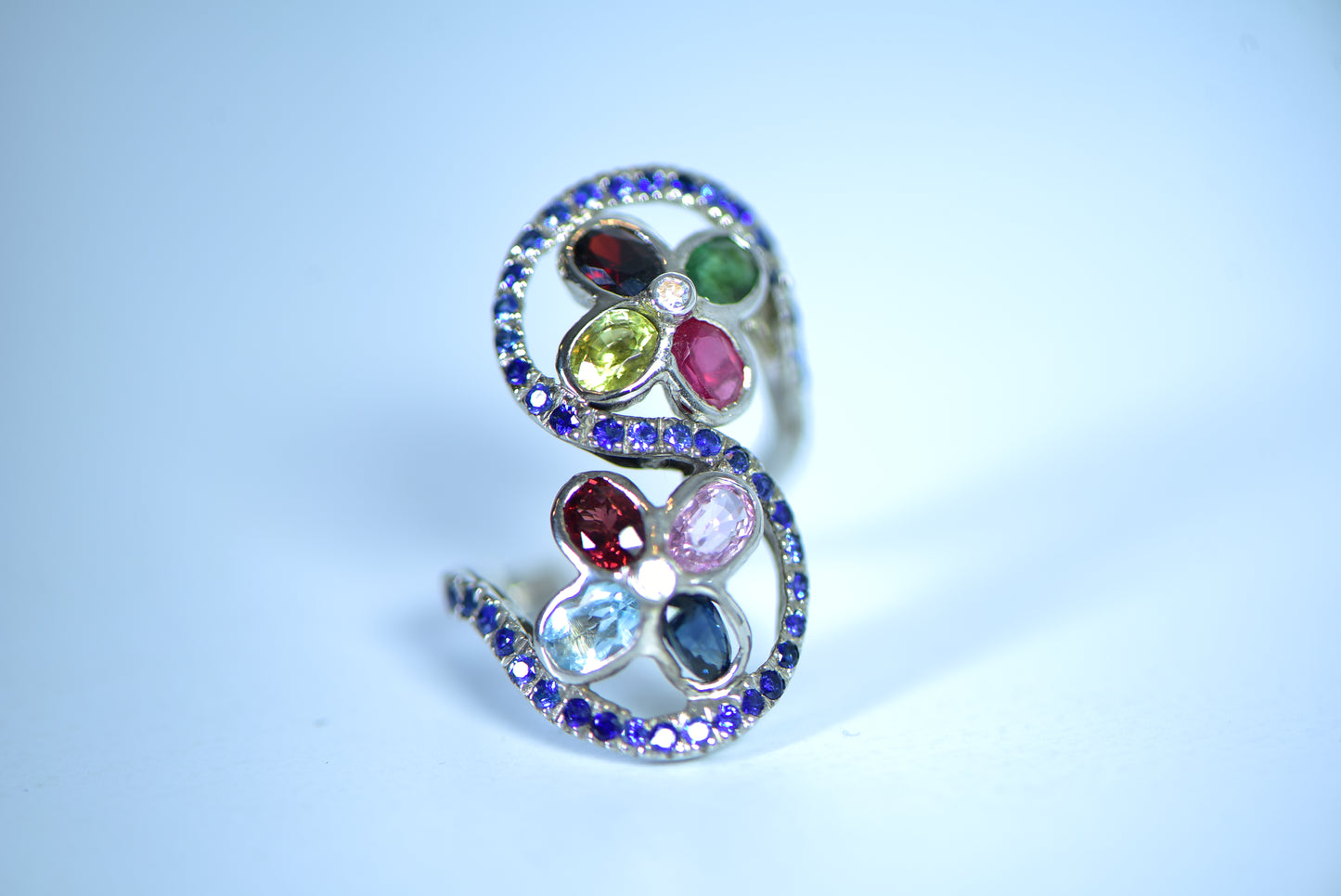 Flower Fancy Gemstone with Blue Sapphire Silver Ring