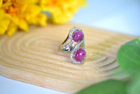 Double Oval Cabochon Ruby Silver Ring