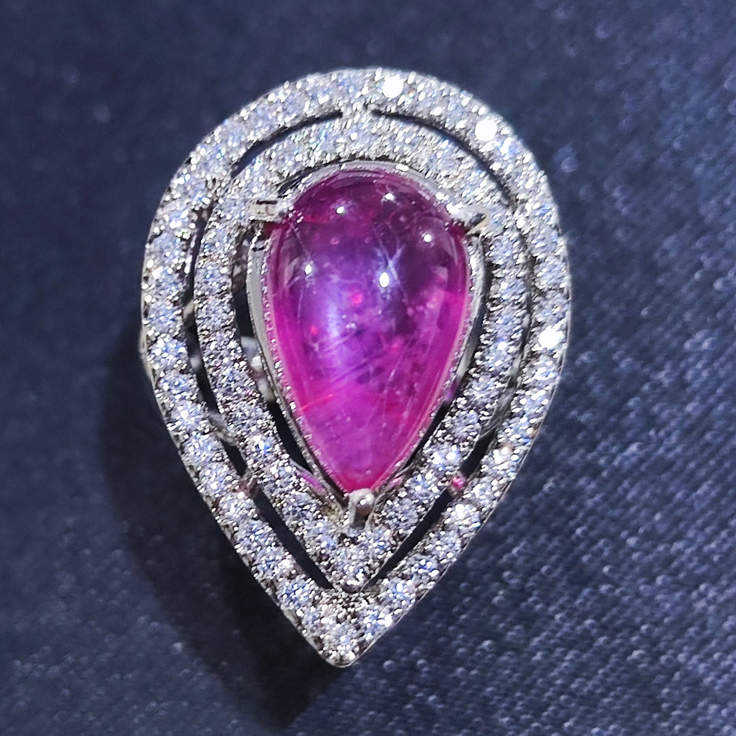 Pear Cabochon Ruby with Cubic Zirconia Silver Ring