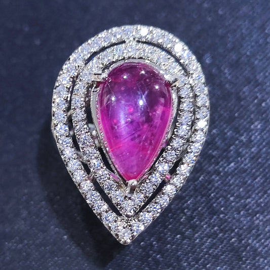 Pear Cabochon Ruby with Cubic Zirconia Silver Ring